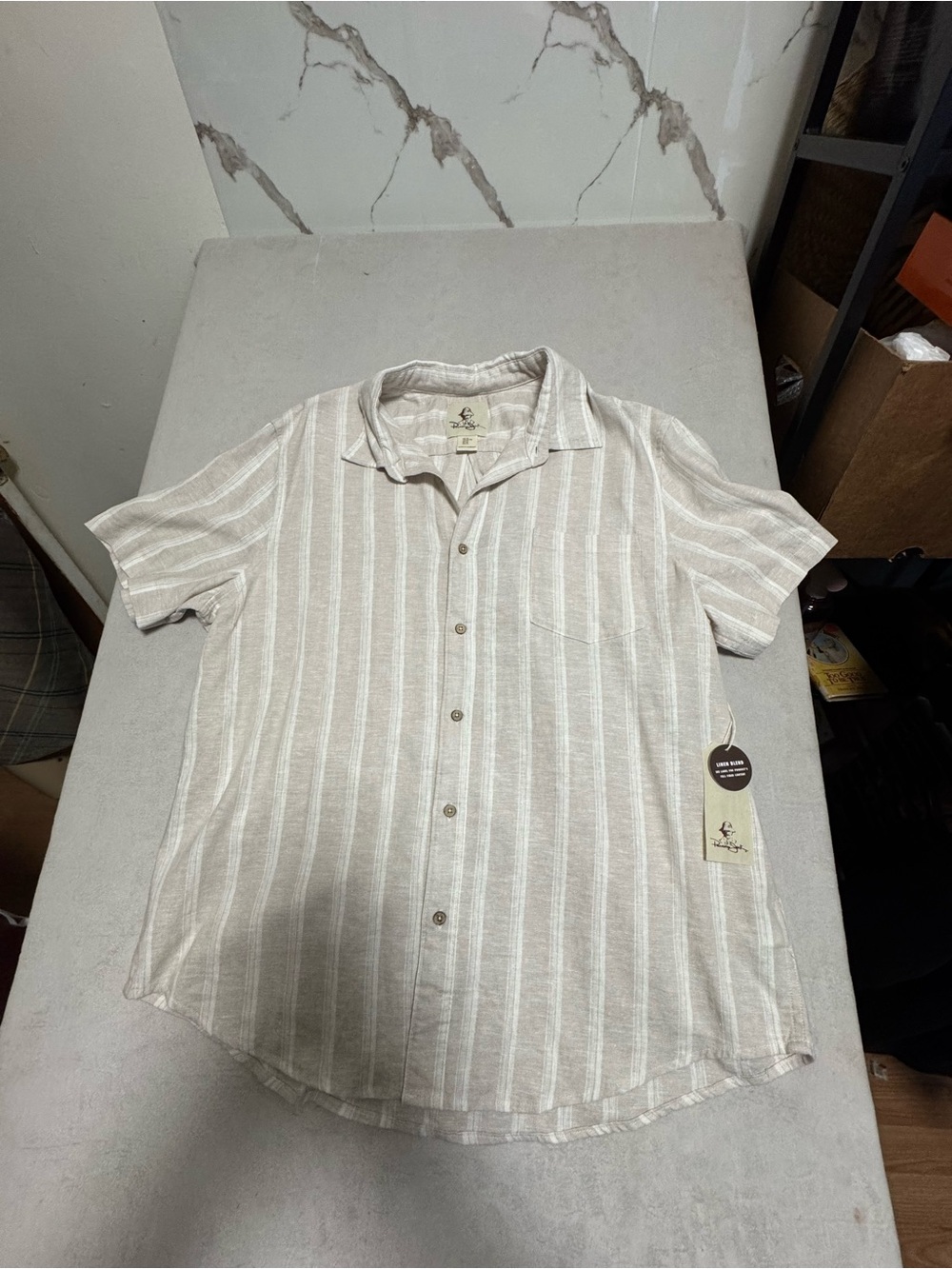 Panama Jack Beige & White Striped Short Sleeve Button-Down Shirt